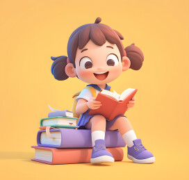 一个小女孩坐在书本上面看书3D插画