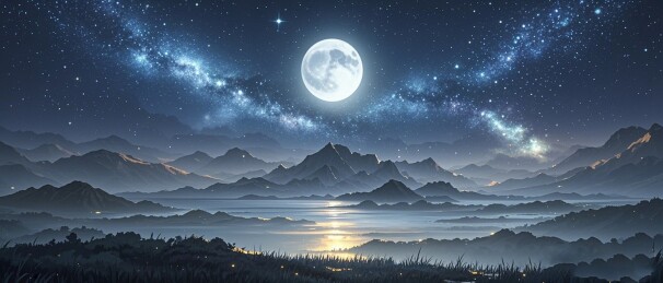 中秋插画蓝色梦幻星空圆月