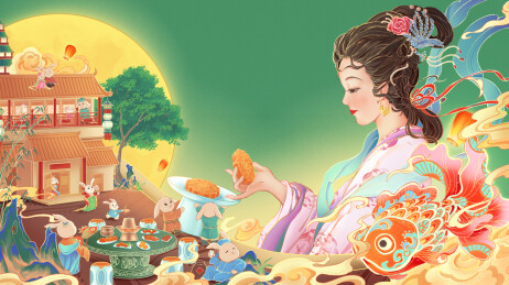 中秋节嫦娥玉兔团圆吃月饼