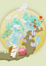 月亮上洁白的兔子推着月饼回家