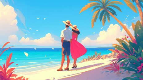 旅游旅行海边沙滩蓝天白云情侣插画