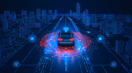 深蓝色背景下自动驾驶的汽车