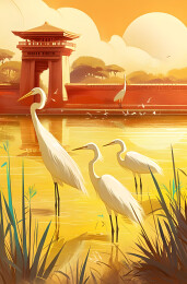 秋天，三只白鹤在角楼外栖息