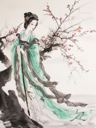 女人花朵户外自然中国风国画水墨画