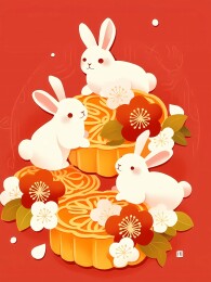 中秋节兔子吃月饼插画