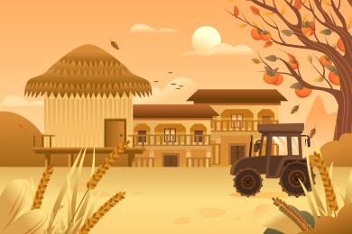 秋季古建筑风景矢量插画