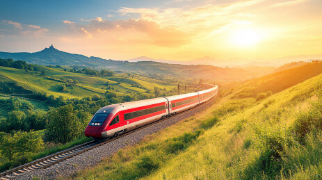 红色高铁在黄昏中穿越山间