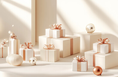 白色背景上的圣诞礼物和礼品盒特写镜头