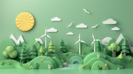 绿色地球、森林和风车，新能源环保主题插画