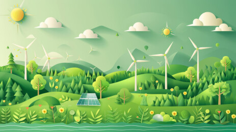 绿色地球、森林和风车，新能源环保主题插画