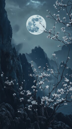 工笔画月光下的桃花