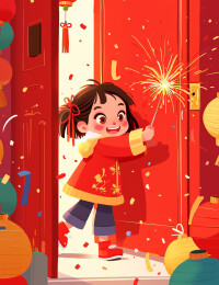 新年春节女孩红色喜庆热闹欢快插画