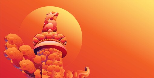 红色背景中日出中的华表住矢量插画背景