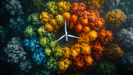 七彩色大自然中的风力发电机和太阳能板