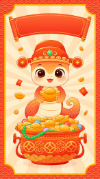 春节蛇年生肖卡通蛇财神国潮矢量插画