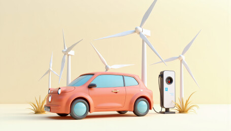 风力发电站旁边的新能源汽车