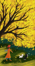 秋季在公园树下遛狗的女人