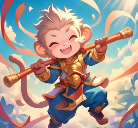 孙悟空拿着金箍棒开心的笑游记Q版卡通插画