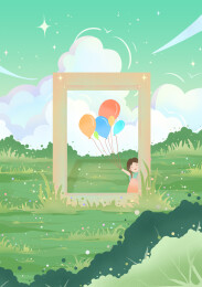 在春日里拿着彩色气球的女孩-插画