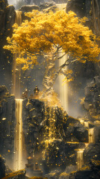 超现实的在取经路上遇到巨大金色银杏树