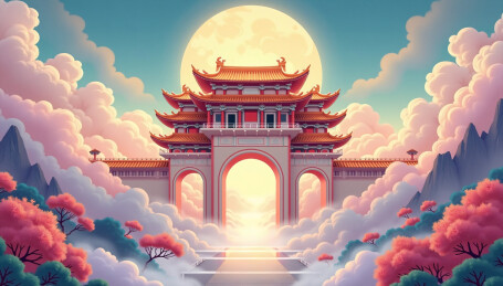 奇幻云端仙境入口大门牌坊插画