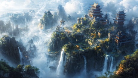 云雾缭绕山谷中的瀑布中国风风景