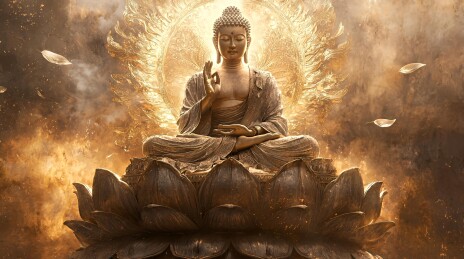 金色佛陀与莲花的神圣相遇