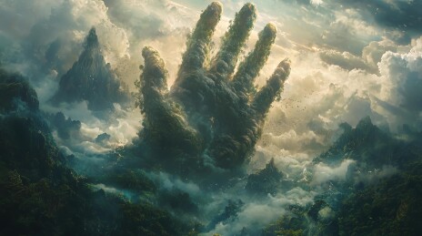 天空巨手与神秘山脉的奇幻景观