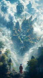 云中巨佛与古代高僧的静谧景象