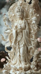 庄严的孔明观音雕塑周围环绕莲花