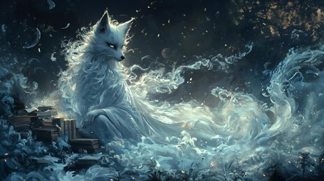 九尾白狐与书卷的梦幻世界