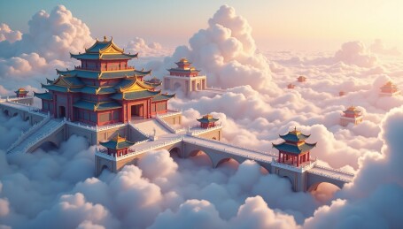 神话场景云端的中式宫廷建筑群插画