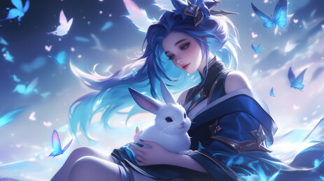 中国神话人物嫦娥抱着玉兔的插画