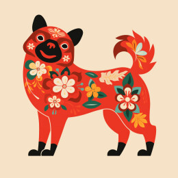 狗年春节十二生肖花朵装饰红色插画