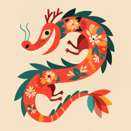 龙年春节十二生肖花朵装饰红色插画