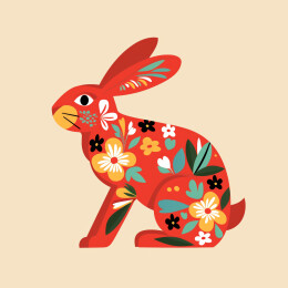 兔年春节十二生肖花朵装饰红色插画