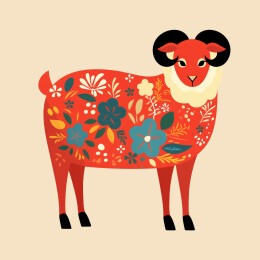 羊年春节十二生肖花朵装饰红色插画