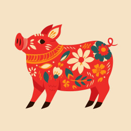 猪年春节十二生肖花朵装饰红色插画