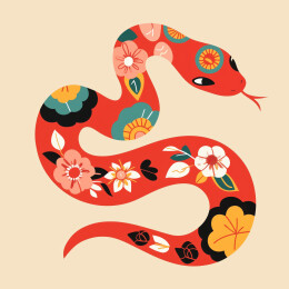 蛇年春节十二生肖花朵装饰红色插画