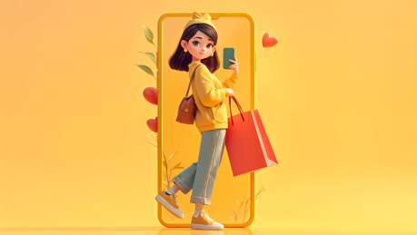 女孩拿着手机开心购物自拍