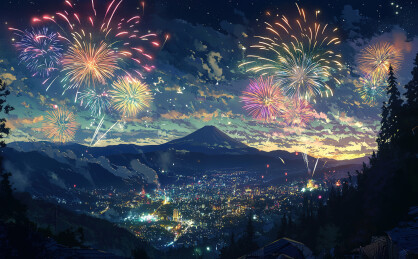 城市夜间烟花表演的低角度视角