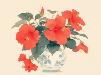 花瓶中芙蓉花简约插画