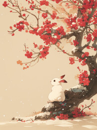 国风兔子花朵户外自然植物国画工笔画