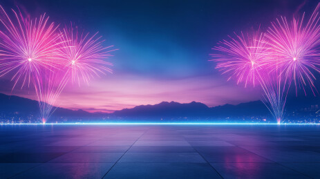 砖地广场地面平台与天空中的烟花焰火背景