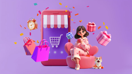 女生手机购物插画