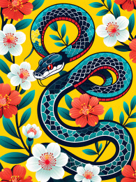 蛇年大吉：工笔蛇与花