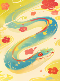 十二生肖蛇年卡通可爱蛇穿行于梅花插画