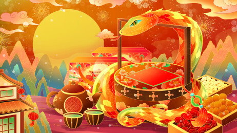中国风喜庆新年蛇年年货节插画