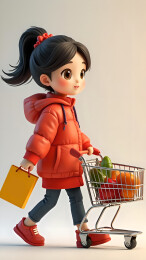 女孩推着购物车购物节3D立体插画