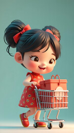 女孩推着购物车购物节3D立体插画